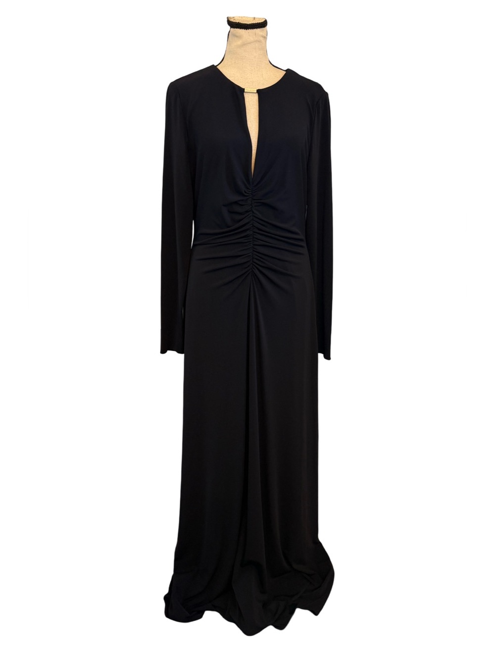 Halston Shirred Long Jersey Gown Navy Size 10 Keyhole Long Sleeve NWT $445